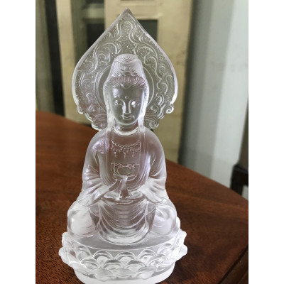 Tượng Phật Bà Quan Âm Đá Lưu Ly Trắng Để Xe Hơi hoạc Bàn cao 13cm đk 7cm mệnh Kim mệnh Thủy  ạ                           