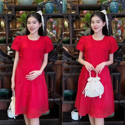Đầm bầu tơ phom suông đính nơ nhẹ nhàng, dễ thương, sang chảnh Nữ Women