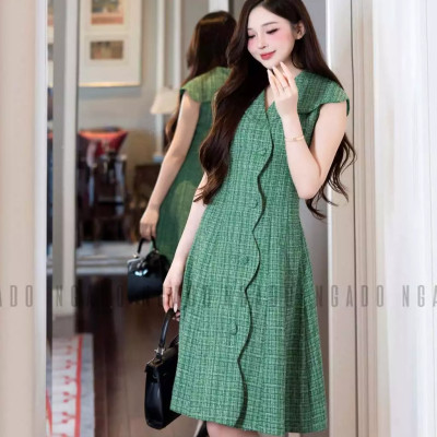 Đầm tweed xanh cổ vest NGADO , đầm ngắn dự tiệc