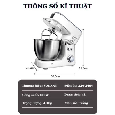 Máy đánh trứng trộn bột để bàn SOKANY SC-209, công suất lớn 800W,  cối INOX 4L trộn bột, nhào bột tự động - HÀNG CHÍNH HÃNG
