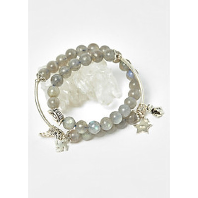 Vòng 2 line đá xà cừ xám ánh xanh phối charm nén bạc hạt 7mm - Ngọc Quý Gemstones