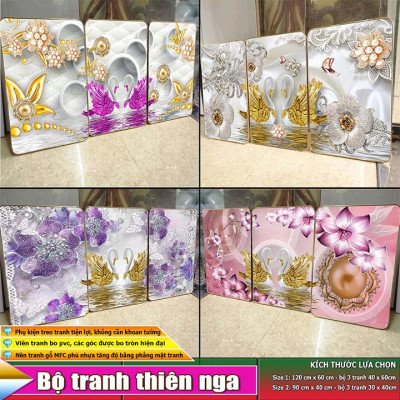 Bộ tranh treo tường 3 tấm trang trí phòng khách, phòng ngủ phong cách mỹ thuật hiện đại chất liệu cán pvc gương:4435L15S