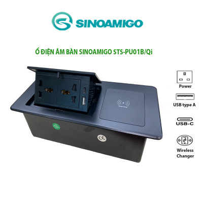 Hộp ổ cắm điện âm bàn Sinoamigo STS-PU01B-Qi. Tích hợp sạc không dây 15W, 2 ổ cắm điện, 1 cổng sạc USB-type C, cổng USB-type A. Hàng chính hãng