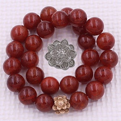 [Mệnh Hỏa, Thổ] Vòng Chuỗi Niệm Phật Đá Vân Rồng Đỏ Rạn 14 Ly 27 Hạt Charm Hoa Sen Inox, Vòng Chuỗi Phật Giáo, Chuỗi Niệm Phật Hạt To - Phong Thủy 868