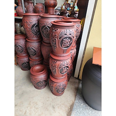 Hũ Sành Đựng Gạo Mẫu Nắp Nhọn Tài Lộc Điêu Khắc Hoa Văn GSBT