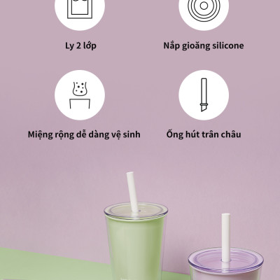 Ly nhựa 2 lớp LocknLock Bubble Tea Cold Cup màu ngà HAP529IVY 720ml, Hàng chính hãng, kèm ống hút trân châu - JoyMall