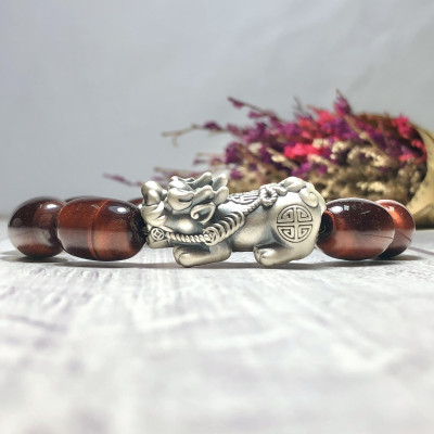 Vòng tay Thạch Anh Mắt Hổ nâu đỏ hạt trụ mix tỳ hưu