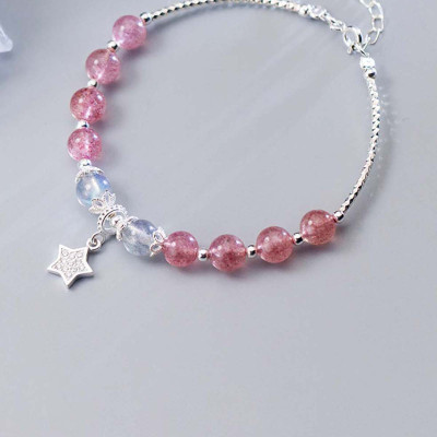 Vòng tay đá thạch anh dâu phối xà cừ xám và charm sao - Ngọc Quý Gemstones