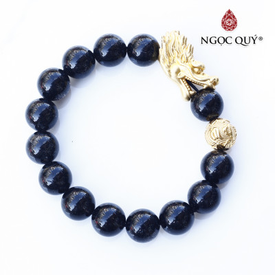 Vòng thạch anh tóc đen 12mm phối charm rồng bạc mạ vàng 24k mệnh thủy, mộc - Ngọc Quý Gemstones