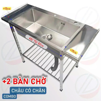 COMBO Chậu Rửa Chén Bát Có Kệ Chân Nhiều Kích Thước Lắp Thêm 2 Bàn Chờ Rộng Rãi - Gồm chậu, xi phông, kệ chân, 2 bàn rời