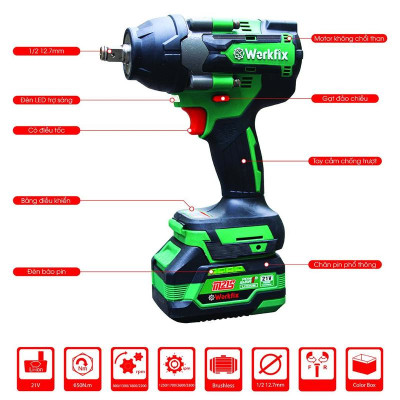  Máy Siết Bulong Workfix 650N.m 2 Pin 21V/4Ah PLUS - IW650NBL - Lực Siết 650N mở ốc lớn  - 4 Cấp Tốc Độ - Motor Brushless - Chân Pin Phổ Thông PLUS - Bảo Hành Chính Hãg 6 Tháng