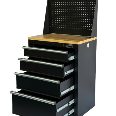 Tủ dụng cụ CSPS 61cm - 04 hộc kéo màu đen ván gỗ vách lưới (tay cầm trắng)