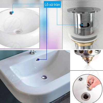 Bộ Xả Lavabo Xi Phông Thoát Nước Nhiều Loại Inox Và Nhựa - Kiểu nút nhấn, dùng cho lavabo có lỗ chống xả tràn