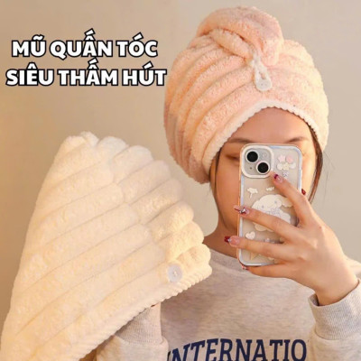 Mũ Quấn Tóc Lông Dệt Sóng Siêu Thấm Hút, Khăn Bông Ủ Quấn Tóc Nhanh Khô