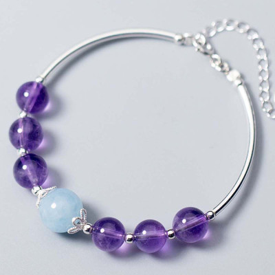 Vòng tay bạc đá thạch anh tím phối Aquamarine - Ngọc Quý Gemstones