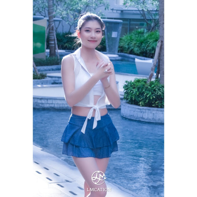 Combo bộ đôi áo lưới - áo ngực đa năng LMcation Elisa Bella trắng & Quần váy đa năng Gym-to-swim LMcation Jean