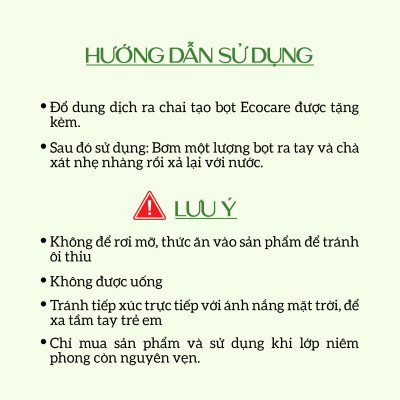 Nước rửa tay hữu cơ diệt khuẩn dạng bọt tinh dầu Quế 1L thương hiệu Ecocare ( tặng kèm vỏ tạo bọt)
