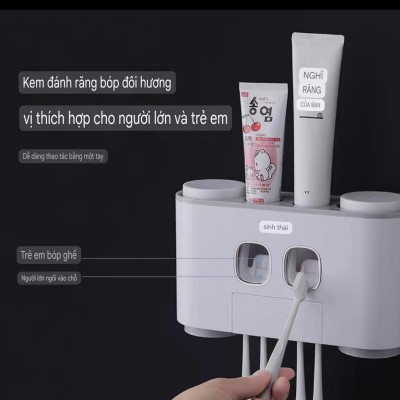 Hộp kệ đựng bàn chải kem đánh răng kèm 4 cốc 2 cửa nhả kem đánh răng thông minh dán tường vô cùng chắc chắn không cần khoan tường hay dùng ốc vít E-1802