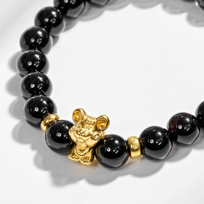 Vòng Tay Đá Obsidian Charm 12 Con Giáp Bạc Mạ Vàng 24K Mệnh Thủy, Môc - Ngọc Quý Gemstones