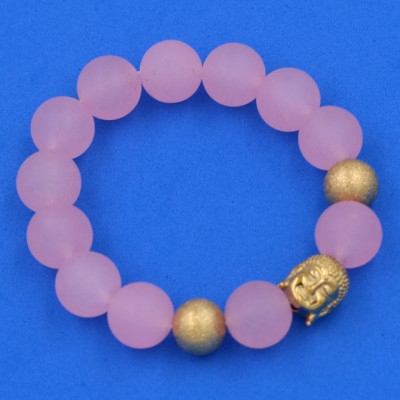 Chuỗi đeo tay Thạch Anh Hồng Phấn Mờ 14 ly - Vòng tay Phật A Di Đà inox vàng VTAHPMNLVHB14 - hợp mệnh Hỏa, mệnh Thổ - Vòng đeo tay size lớn