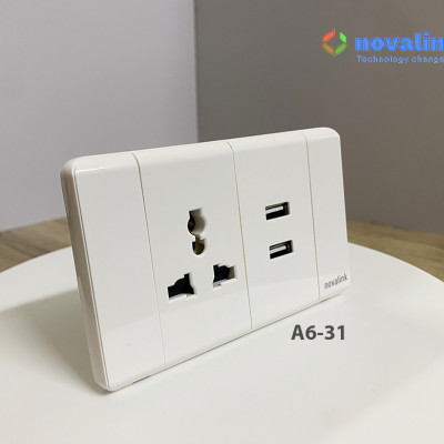 Ổ điện đa năng kèm 2 ổ sạc USB 5V-2.1A âm tường A6-31 Novalink chính hãng. Đủ thuế VAT, COCQ