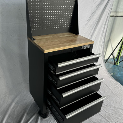 Tủ dụng cụ CSPS 61cm - 04 hộc kéo màu đen bánh xe ván gỗ vách lưới (tay cầm trắng)