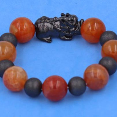 Chuỗi Tỳ Hưu inox Charm Đá Vân Rồng Cam 16 ly phối 6 bi - hợp mệnh Hỏa, mệnh Thổ - Vòng size XXL