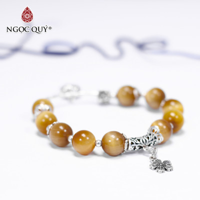 Vòng tay đá mắt hổ vàng tâm phối charm hoa bạc size hạt 10mm mệnh thổ , kim - Ngọc Quý Gemstones