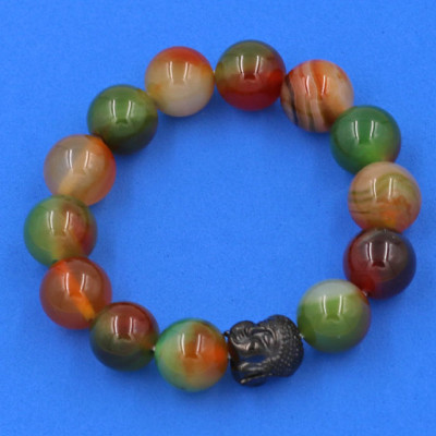 Vòng đeo tay Thạch Anh Xanh Nâu 14 ly cẩn hạt Phật A Di Đà inox đen VTAXNNLE14