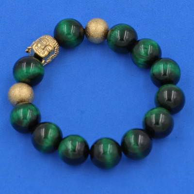 Vòng chuỗi đeo tay Đá Mắt Hổ Xanh Lá 14 ly - Vòng tay Phật A Di Đà inox vàng VMHXLNLVHB14 - hợp mệnh Hỏa, mệnh Mộc - Vòng đeo tay size lớn