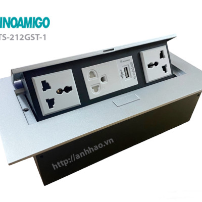 Ổ điện âm bàn họp Sinoamigo STS-212GST-1. Chất liệu hợp kim màu bạc. Tích hợp 3 ổ điện, 1 USB sạc 5V-2.1A - Hàng chính hãng