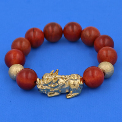 Chuỗi hạt đeo tay Gỗ Đỏ 15 ly - Vòng đeo tay Tỳ Hưu inox vàng VGOTHHBV15 - Vòng đeo tay size lớn