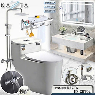 COMBO Thiết Bị Nhà Tắm Cao Cấp KAZTA KZ-CBT02: Bồn cầu liền khối, Lavabo âm bàn đá, Gương đèn, Sen tắm đứng nóng lạnh, kèm phụ kiện
