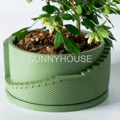 Chậu cây xi măng bậc thang hoạ tiết Trống Đồng Đông Sơn, ngang 18.4cm cao 8,5 cm, quà tặng cao cấp, decor bàn làm việc, cây văn phòng, nhà ở