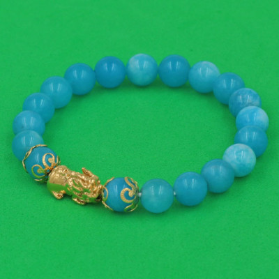 Chuỗi đeo tay Đá Ngọc Tủy Xanh Biển 8 ly - cẩn Tỳ Hưu Phong Thủy inox vàng VGTXBTHHKV8 - hợp mệnh Mộc, mệnh Thủy