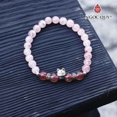 Vòng thạch anh hồng phối thạch anh dâu charm hồ ly 9 đuôi bạc - Ngọc Quý Gemstones