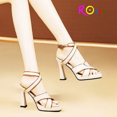 Giày sandal nữ cao gót 8 phân hàng hiệu rosata màu kem thời trang cao cấp ro636