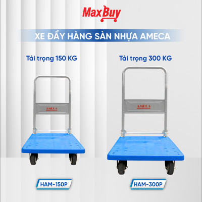 Xe Đẩy Hàng 4 Bánh Ameca HAM-300P- Sàn nhựa, Khung Thép, Giảm ồn, Gấp gọn, tải trọng 300kg - bảo hành 12 tháng