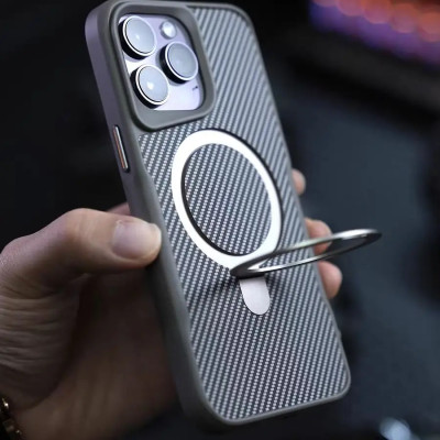 Ốp lưng cho iPhone 15 Pro Max, iPhone 15 Pro hiệu Likgus Fiber hỗ trợ sạc không dây, kèm kệ chống lưng, vân carbon chống trơn trượt, chống sốc cao cấp - Hàng chính hãng