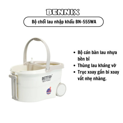 Bộ lau nhà cán Inox 304 Bennix Thái Lan BN-555WA xoay 360 có bánh xe lớn, bảo hành 12 tháng