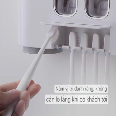 Hộp kệ đựng bàn chải kem đánh răng kèm 4 cốc 2 cửa nhả kem đánh răng thông minh dán tường vô cùng chắc chắn không cần khoan tường hay dùng ốc vít E-1802