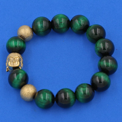 Vòng chuỗi đeo tay Đá Mắt Hổ Xanh Lá 14 ly - Vòng tay Phật A Di Đà inox vàng VMHXLNLVHB14 - hợp mệnh Hỏa, mệnh Mộc - Vòng đeo tay size lớn