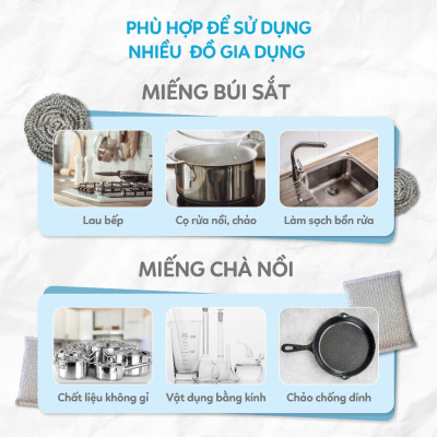 SET 4 Miếng Búi Sắt Cọ Xoong Nồi KÈM Miếng Chà Nồi Đa Năng MyJae