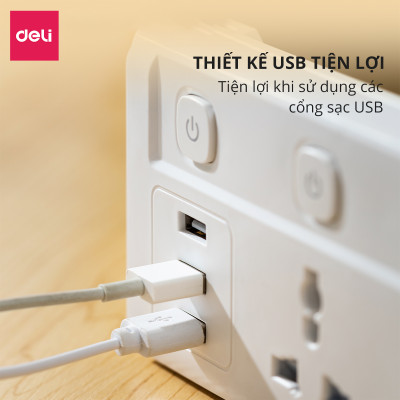 Ổ Cắm Điện Đa Năng Kèm Cổng USB CÔNG TẮC RIÊNG Chống Giật Chống Cháy Chất Lượng Cao Deli - Hàng Chính Hãng - ET409 410 411