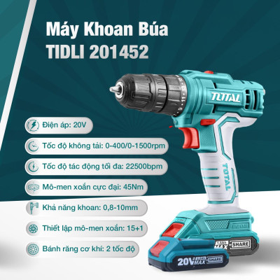 MÁY KHOAN BÚA DÙNG PIN 20V (2 pin 2.0Ah + sạc) TOTAL TIDLI201452 - HÀNG CHÍNH HÃNG