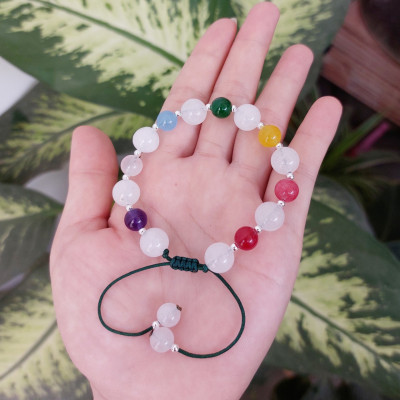 Vòng tay Nữ phong thủy đá mã não trắng mix đá đa sắc kết dây thủ công dễ thương