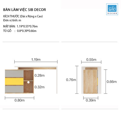 Bàn Làm Việc Kết Hợp Tủ Gỗ Nhiều Ngăn Hiện Đại Phong Cách Bắc Âu Thương Hiệu SIB Decor BLV57