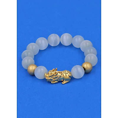 Vòng tay Đá Mắt Mèo Trắng 12 ly - cẩn Tỳ Hưu Phong Thủy inox vàng VMETTHHBV12 - hợp mệnh Kim, mệnh Thủy