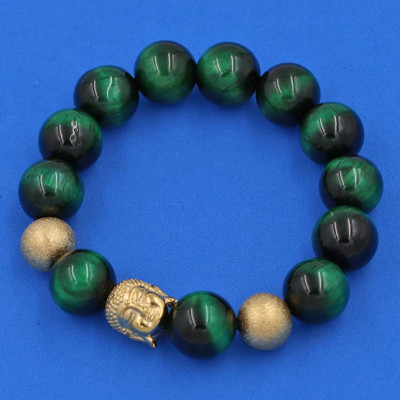 Vòng chuỗi đeo tay Đá Mắt Hổ Xanh Lá 14 ly - Vòng tay Phật A Di Đà inox vàng VMHXLNLVHB14 - hợp mệnh Hỏa, mệnh Mộc - Vòng đeo tay size lớn