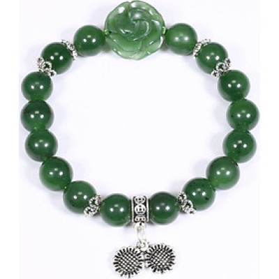 Vòng tay đá ngọc bích mix hoa mẫu đơn và charm bạc hạt đá 10mm mệnh hỏa, mộc - Ngọc Quý Gemstones